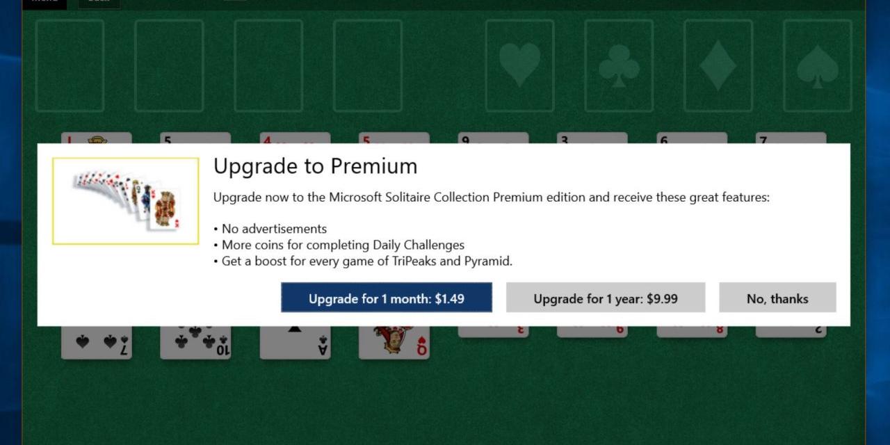 Windows 10 Solitaire Requires Annual Subscription