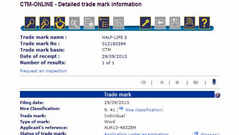 Valve trademarks Half Life 3
