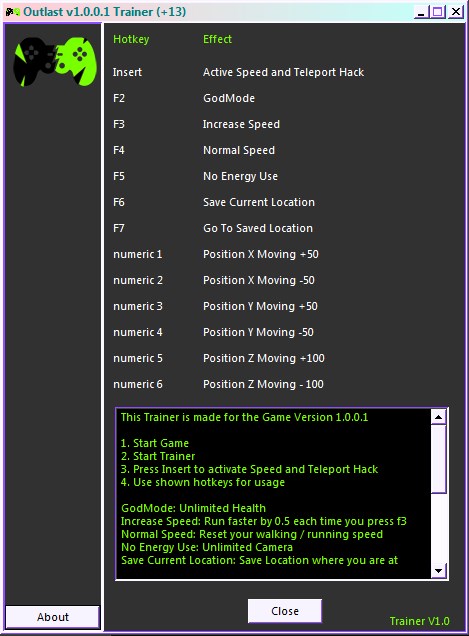 Outlast v1.0.0.1 trainer (+13)