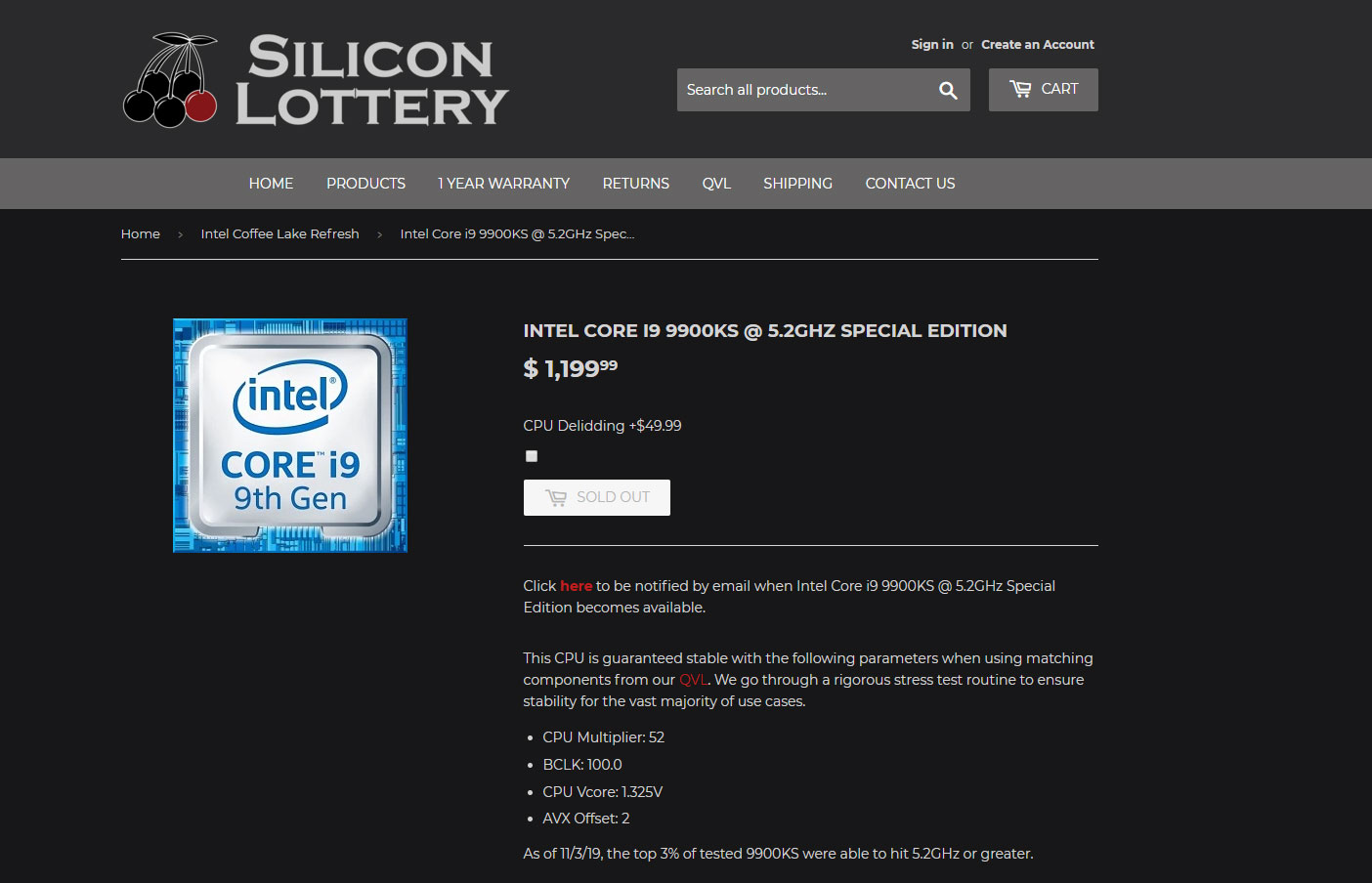Silicon lottery is charging $1,200 for 5.2GHz 9900KS chips