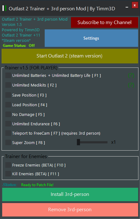 Outlast 2 Trainer[+11] + 3rd person Mod v1.5 | [+11 Trainer] Powered by Timm3D