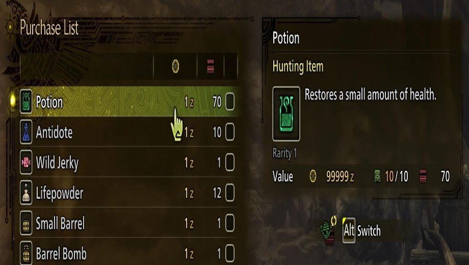 Monster Hunter Wilds Item Cost Tweaks – Buy for 1z sell for 99999z Mod v1.1